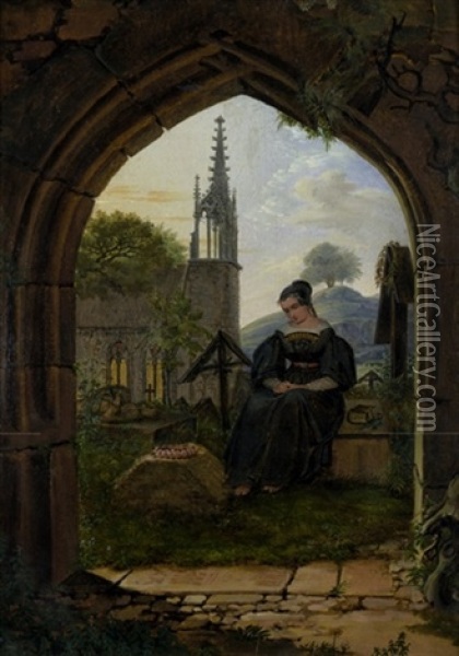 Trauerndes Madchen Auf Einem Friedhof Oil Painting - Ludwig Emil Grimm