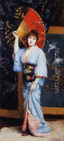Young Beauty In A Kimono Oil Painting - Emile Dumoulin
