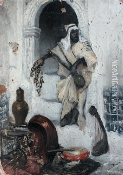 Homme Arabe Pres De La Porte Voutee Oil Painting - Ludwig Deutsch