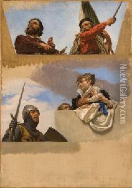Studio Per Le Figure Di 
Michelangelo, Garibaldi, Umberto Biancamano E Cristina Di Francia. Oil Painting - Cesare Mariani