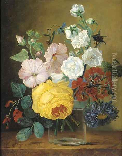 Mixed flowers in a glass vase on a ledge Oil Painting - Jan Frans Van Dael