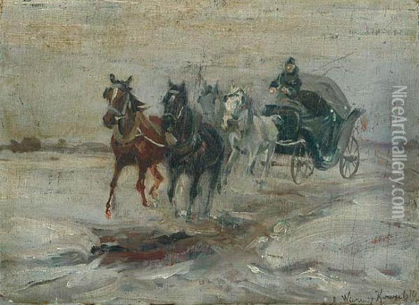 Zaprzeg Czterokonny, Koniec Xix W. Oil Painting - Alfred Wierusz-Kowalski