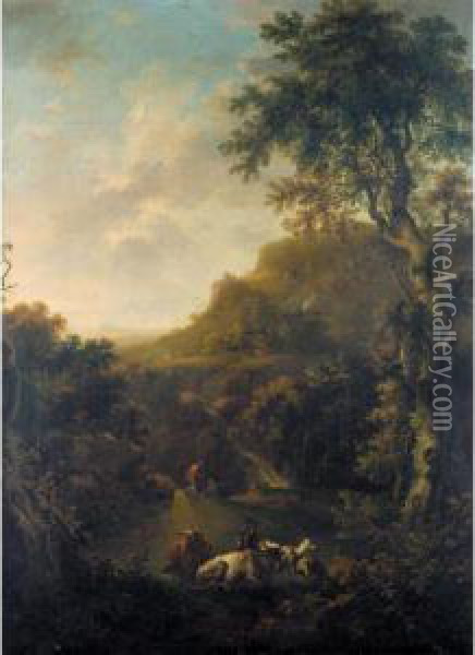 An Extensive Landscape With Cattle In The Foreground And Drovers Resting Beyond Oil Painting - George Cuitt