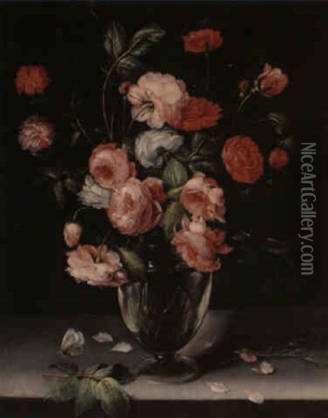 Still Life Of Roses And Carnations In Glass Vase On Marble Ledge Oil Painting - Alexander Adriaenssen the Elder