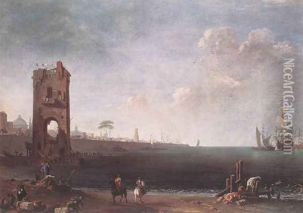 Coastal View with Tower 1715-20 Oil Painting - Marco Ricci
