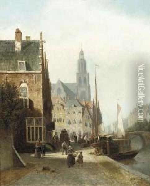 Daily Activities Along A Dutch Canal Oil Painting - Johannes Frederik Hulk, Snr.