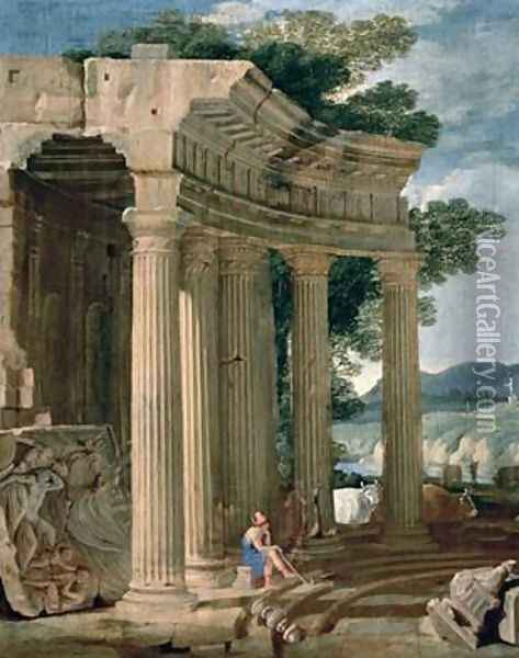 Landscape with ruins and a shepherd Oil Painting - Jean Lemaire