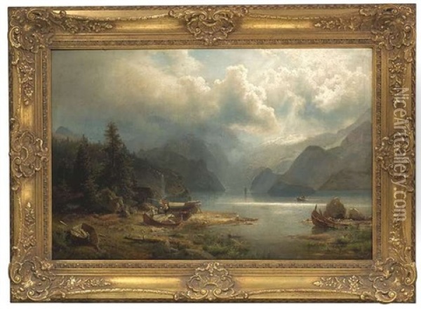 Wolkenverhangene Fjordlandschaft. Am Ufer Praparieren Fischer Ihre Boote Oil Painting - Hermann Herzog