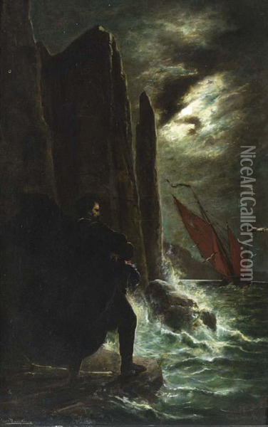 A Smuggler Signalling A Sailingvessel On A Moonlit Night. Oil Painting - Ernst Haustangel