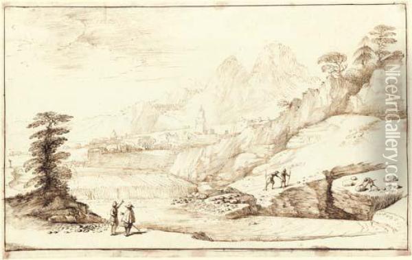 An Extensive Mountainous Landscape With Travellers Oil Painting - Guercino