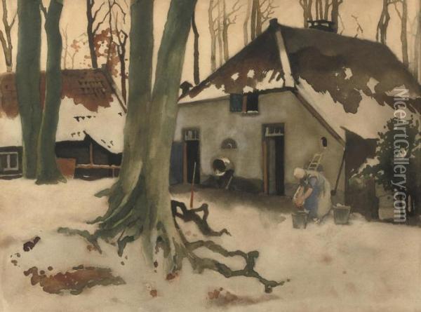 Boerderij In De Sneeuw Te Ede: Winter Oil Painting - Willem Witsen
