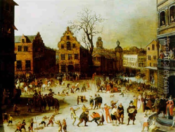 Carnival In A Town Square Oil Painting - Louis de Caullery