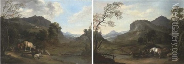 A Mountainous River Landscape With A Shepherd Driving His Sheep And Cattle On A Path (+ A Mountainous River Landscape With Horses And Cattle Grazing By A Tree; Pair) Oil Painting - Wenzel Ignaz Prasch