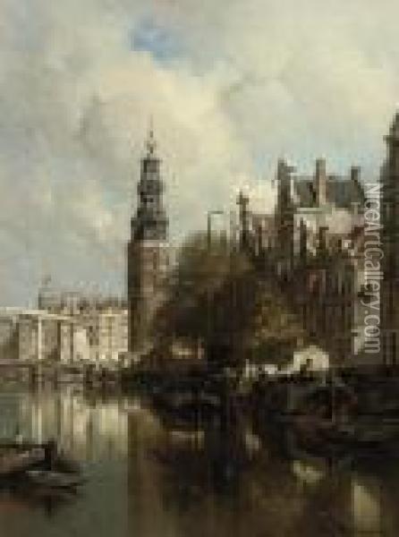 A View Of The Montelbaanstoren On A Sunlit Day, Amsterdam Oil Painting - Johannes Christiaan Karel Klinkenberg