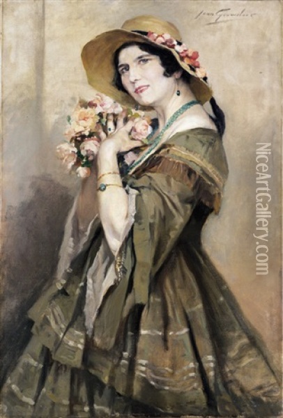 Vrouw Met Bloemenhoed Oil Painting - Jean Leon Henri Gouweloos