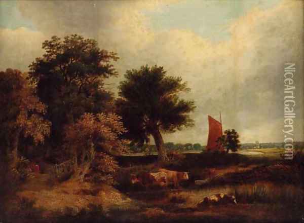 Cattle watering in a wooded landscape, with a wherry near Norwich Oil Painting - James Stark