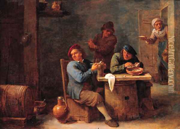 Boors smoking in a barn Oil Painting - David The Younger Teniers