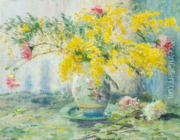 Yellow And Pink Flowers In A Vase Oil Painting - Evert Pieters