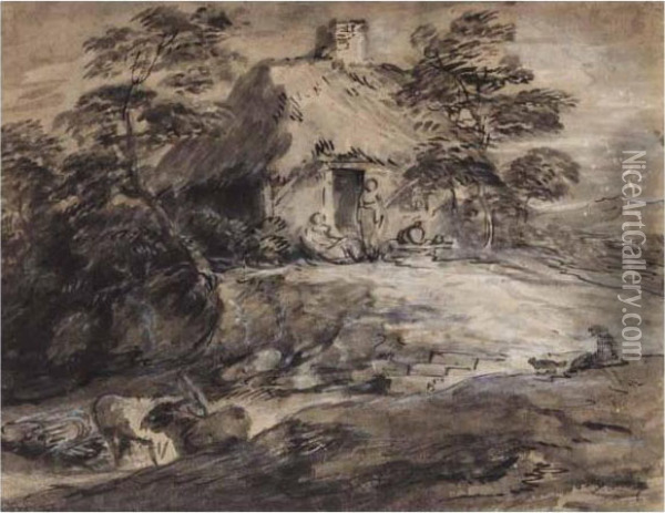 Wooded Landscape With Figures Outside A Cottage With Donkeys Oil Painting - Thomas Gainsborough