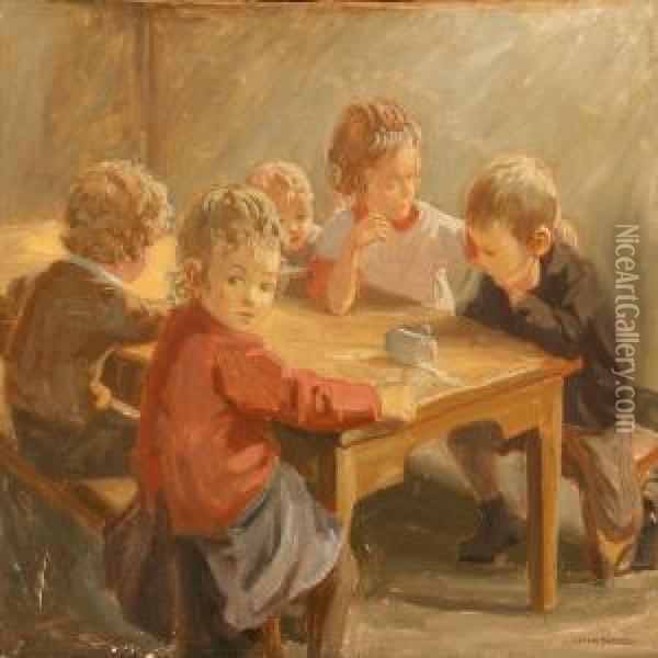 Five Children Around A Table Oil Painting - Luplau Janssen