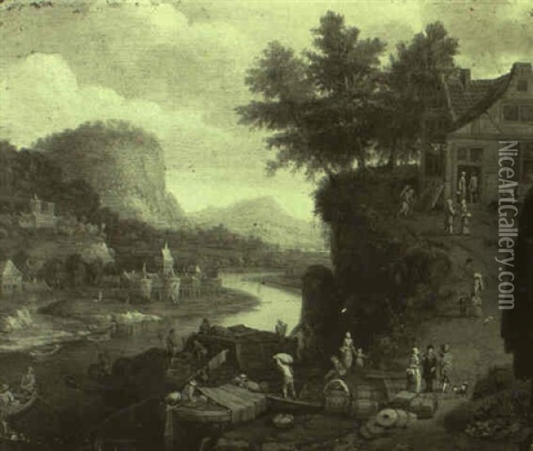 Rhenish Landscape With Merchants Loading A Barge Oil Painting - Barend Van Kalraet