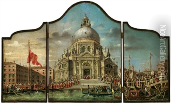 Una Festa Della Chieso Della Salute A Venezia (triptych) Oil Painting - Marco Grubas