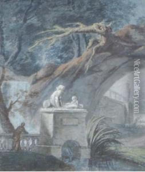 A Figure In An Elegant Garden; Also A Drawing By Another Hand Oil Painting - Claude Jean-Bapt. Hoin