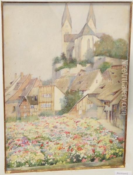 Continental Town With Flower Garden To The Foreground Oil Painting - Thomas Hunt