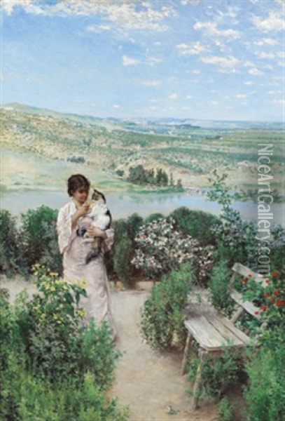 Im Blumengarten Vor Weiter Landschaft Bei Toledo Oil Painting - Matias Moreno
