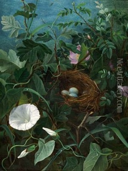 A Bird's Nest Hidden Between Bindweed And Roses Oil Painting - Emma Augusta Thomsen