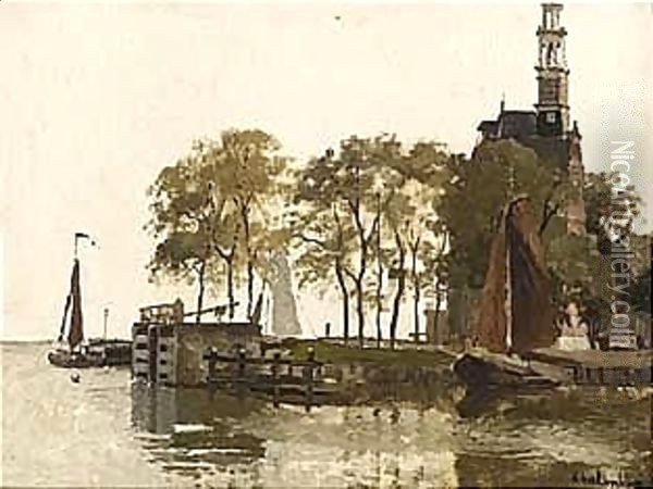 Moored Boats Near The Hoofdtoren, Hoorn Oil Painting - Johannes Christiaan Karel Klinkenberg