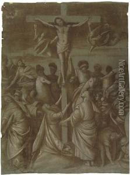Christ On The Cross Surrounded By Saints, Angels And Soldiers<</b> Oil Painting - Gaudenzio Ferrari