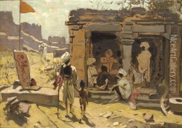 Indische Landschaft In Radjasthan Mit Sadhu In Seinem Haus Oil Painting - Woldemar Friedrich
