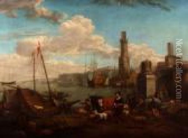 A Busy Dutch Harbour Scene With Figures Oil Painting - Nicolaes Berchem