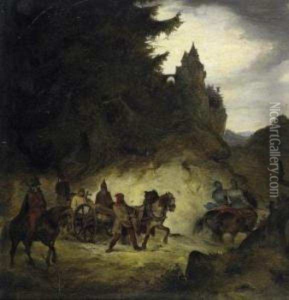 Travellers In The Mountains. In The Background On A Steep Cliff Is A Fortified Caste. Oil Painting - Caspar Johann Nepomuk Scheuren