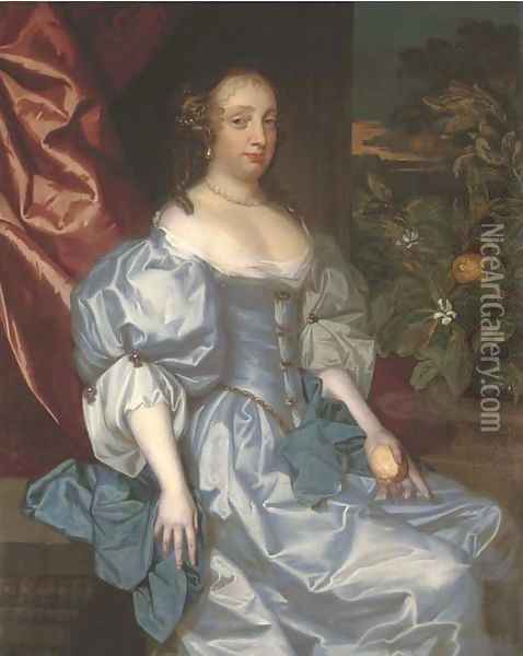 Portrait of a lady, traditionally identified as Catherine of Braganza, three-quarter-length, in a light blue satin dress Oil Painting - Jacob Huysmans