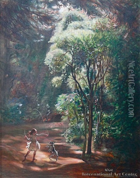 Girl Skipping Through Forest Oil Painting - Harry Linley Richardson