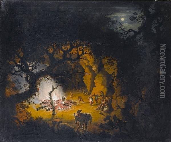 Peasants Merrymaking Beside A Campfire At The Mouth Of A Cave Oil Painting - Julius Caesar Ibbetson