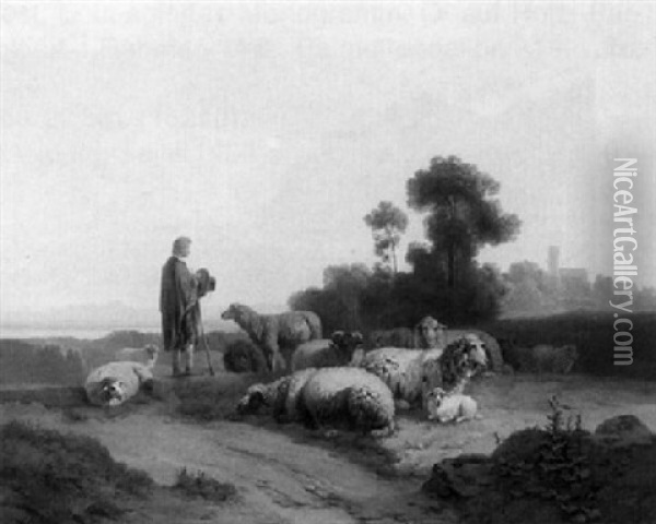 Abendfrieden. Hirte Mit Seiner Herde Auf Einer Anhohe Oil Painting - Wilhelm Melchior