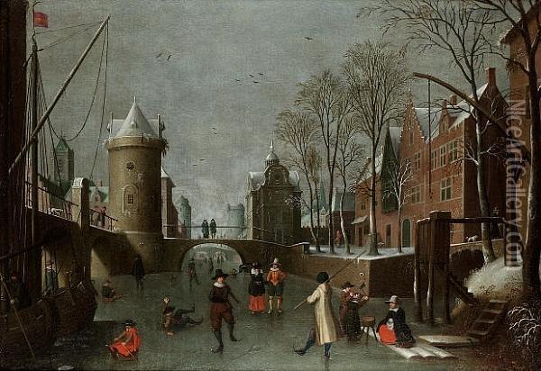 A Winter Townscape With Figures Skating On A Frozen Canal And Townsfolk Looking On Oil Painting - Sebastien Vrancx