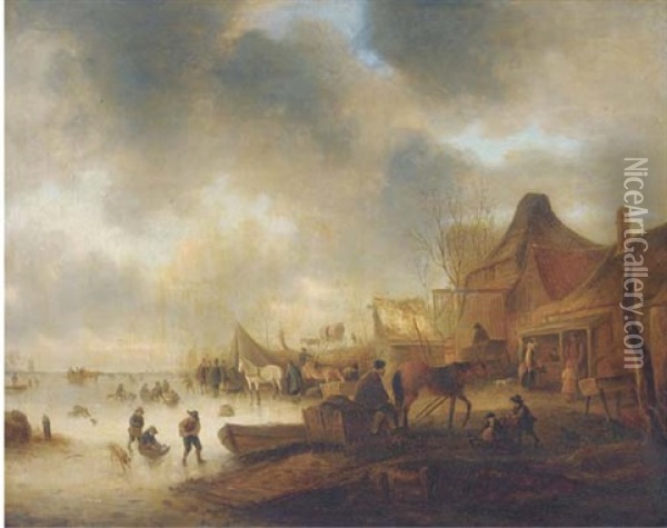 A Frozen River Landscape With Townsfolk By A Farm Oil Painting - Isaac Van Ostade