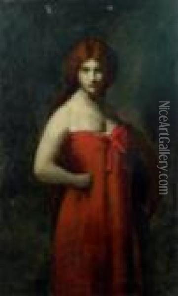 Portrait De Femme En Robe Rouge Toile, Signee En Haut A Gauche Oil Painting - Jean-Jacques Henner