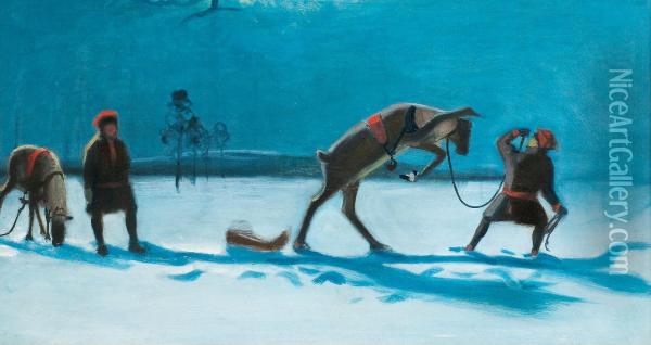 A Playfull Reindeer At Dusk Oil Painting - Juho Kyyhkynen