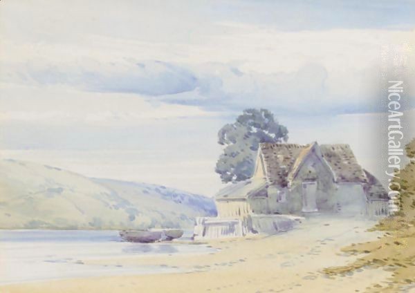 A Cottage By A Lake With Hills Beyond Oil Painting - John Callow