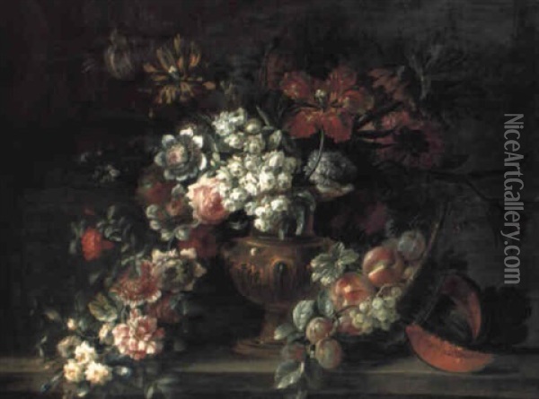 Flowers In A Vase With Peaches And Other Fruit On A Ledge Oil Painting - Jean-Baptiste Belin de Fontenay the Elder