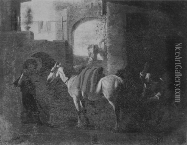 Figures And Horses In A Blacksmith's Forge, Ruins Beyond Oil Painting - Jan Miel