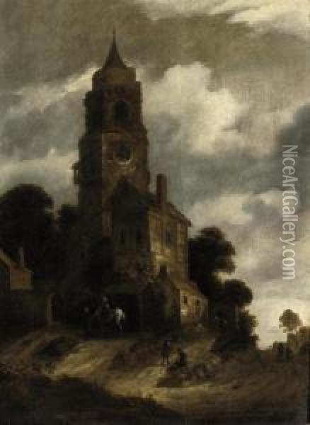 A Landscape With Figures Resting In Front Of A Church Oil Painting - Roelof van Vries