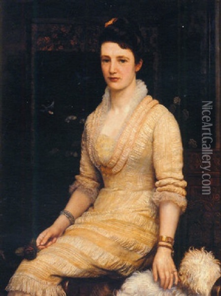 Portrait Of A Lady, Seated, With An Oriental Screen Behind Oil Painting - Arthur Hughes