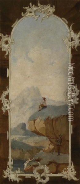 Jagdszene In Dekorativer Rocaillenumrahmung (+ Another; Pair) Oil Painting - Ignaz Franz Josef Flurer