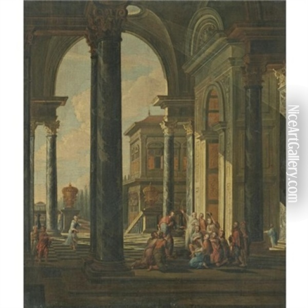 A Palatial Capriccio With Christ Preaching To The Poor Oil Painting - Jacob Ferdinand Saeys